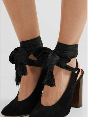 Chloé Black Suede Ankle-Tie Block Heel Pumps